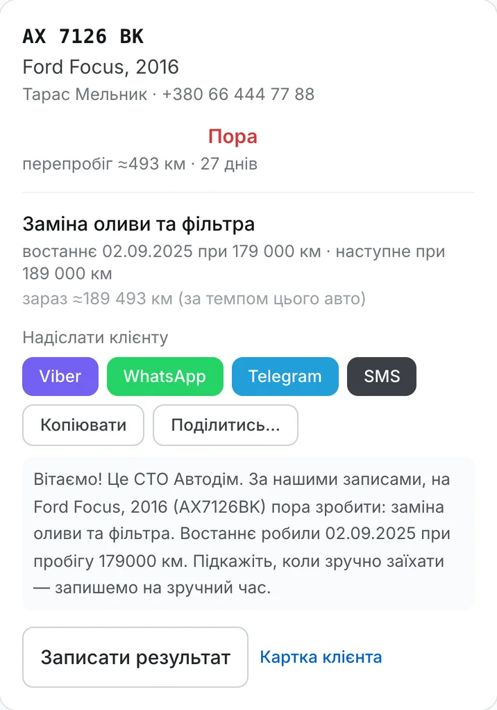 Картка зі списку «Пора на ТО»: перепробіг, коли робили минулого разу, готовий текст повідомлення і кнопки месенджерів